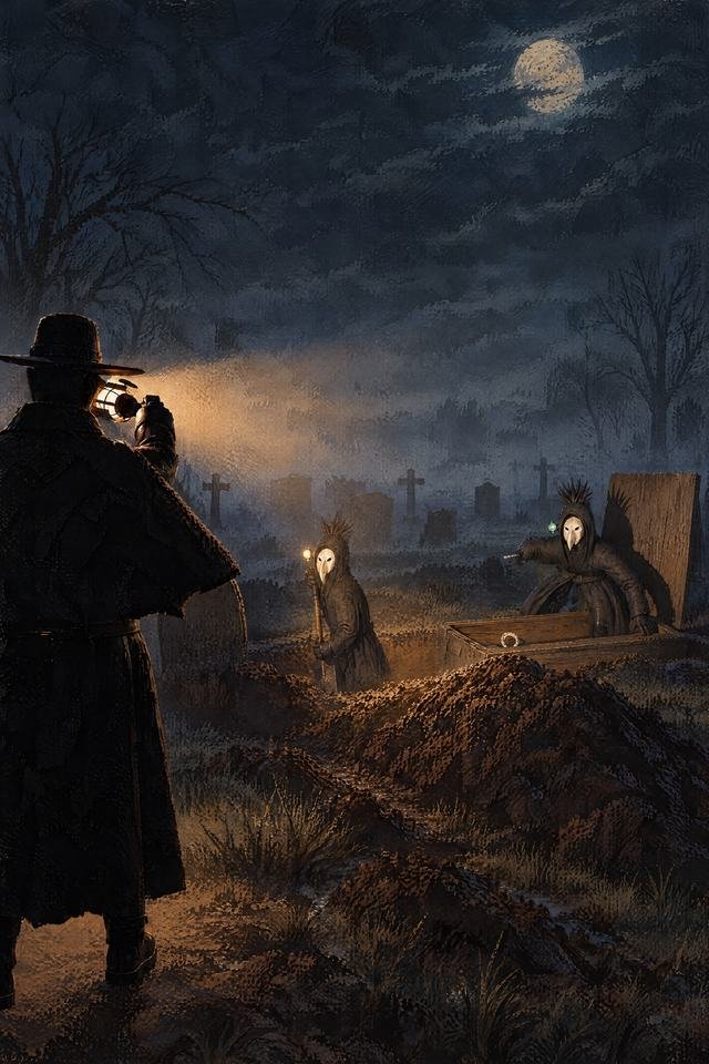 Grave Benders key art, portrait: the Night Warden in the foreground lifts his lantern towards two grave robbers at an open coffin.