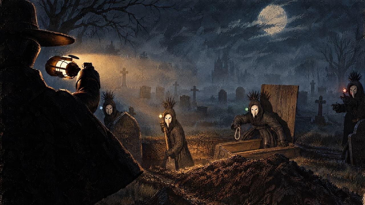 Grave Benders key art: under a full moon, the Night Warden raises his lantern over four plague-doctor grave robbers at an open grave.