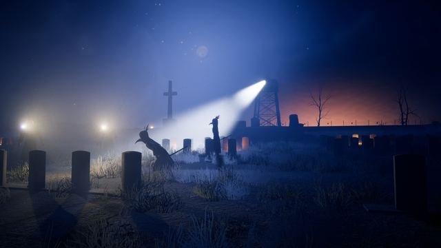 In-game, Gallows Hill: the searchlight's beam rakes the war stones beside a tall stone cross, as two crewmates duck low in the fog and distant pyres glow on the horizon.