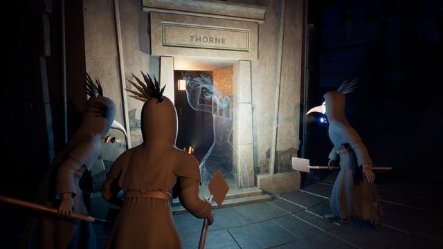 In-game, Holloway Necropolis: the Weeping Widow, pale and see-through, rises in the doorway of the THORNE family vault while three crewmates in beaked masks stand round it with their shovels.