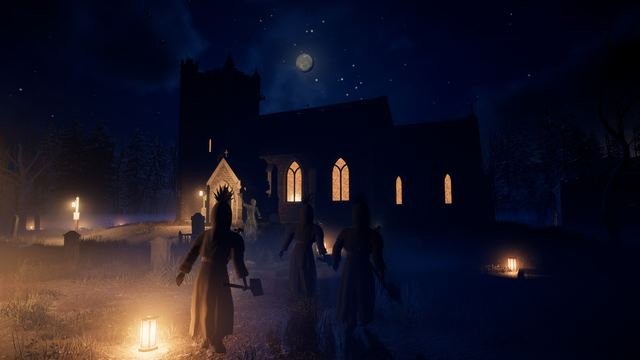 In-game, St. Brannoc's: the crew walk with their shovels past a grave lantern towards the candlelit flint church, under the moon.