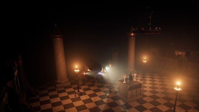In-game, the Undercroft: the Lodge lit for the Sitting, its chequered floor, altar and candle stands, with the crew crouched behind the altar and their lamps glowing.