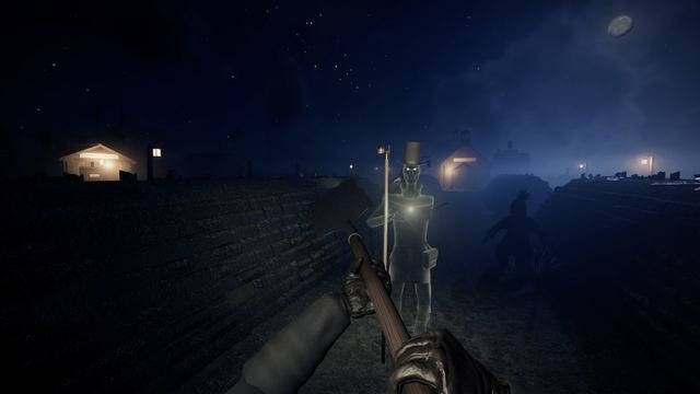 In-game, first person on Quarantine Island's cart road: the Curfew Man, a pale, glowing lamplighter in a top hat, stands in the road with his pole and his eyes alight, as a crewmate crouches in the dark beside him.
