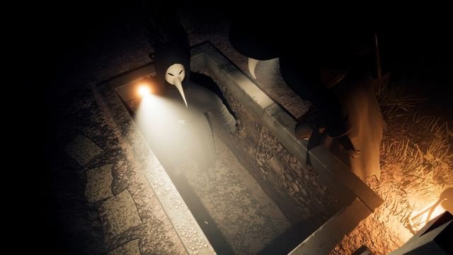 In-game, St. Brannoc's: looking down into an open grave, where a crewmate in a beaked mask stands on the coffin and looks up into the light, his head lamp glowing amber.