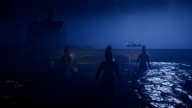 In-game, Quarantine Island: three crewmates wade through the rising tide in blue sea fog, with a hulk's riding lights out on the water.