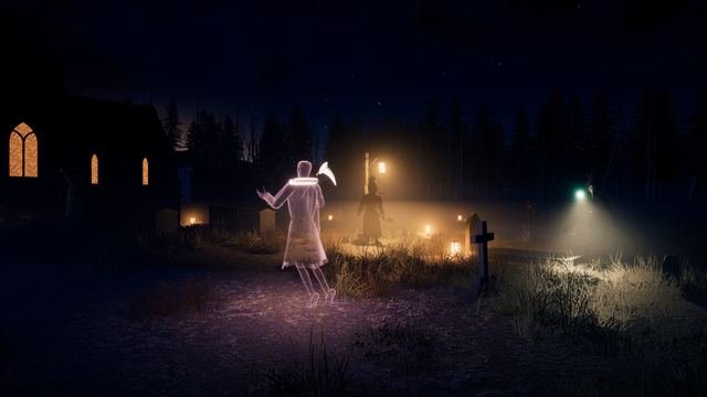 In-game, St. Brannoc's: the Understudy, a pale rose figure with a glowing ruff, holds a beaked mask up on a stick as it drifts across the churchyard, while a crewmate waits under the lamp post beyond.