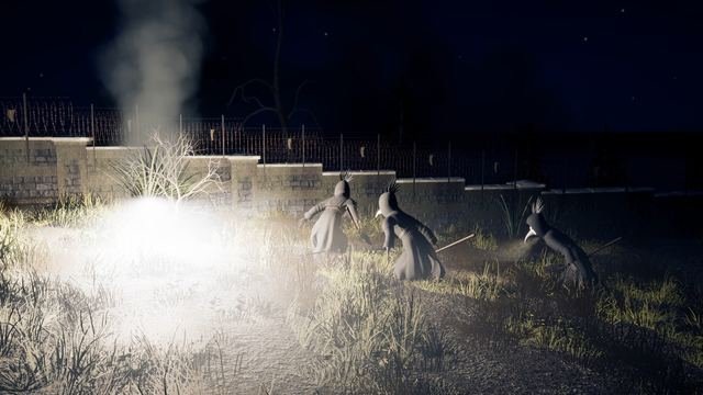 In-game, Gallows Hill: a trip flare burns white in the grass below the wire-topped wall and sends up a column of smoke, as three crewmates crouch away from its glare.