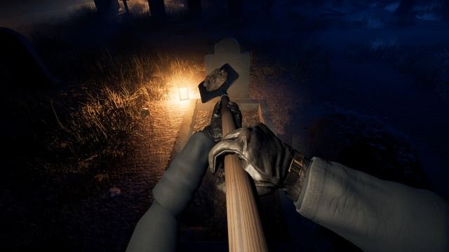 In-game, first person at Holloway: the shovel comes up out of a grave heavy with earth, beside a headstone and a grave lantern.