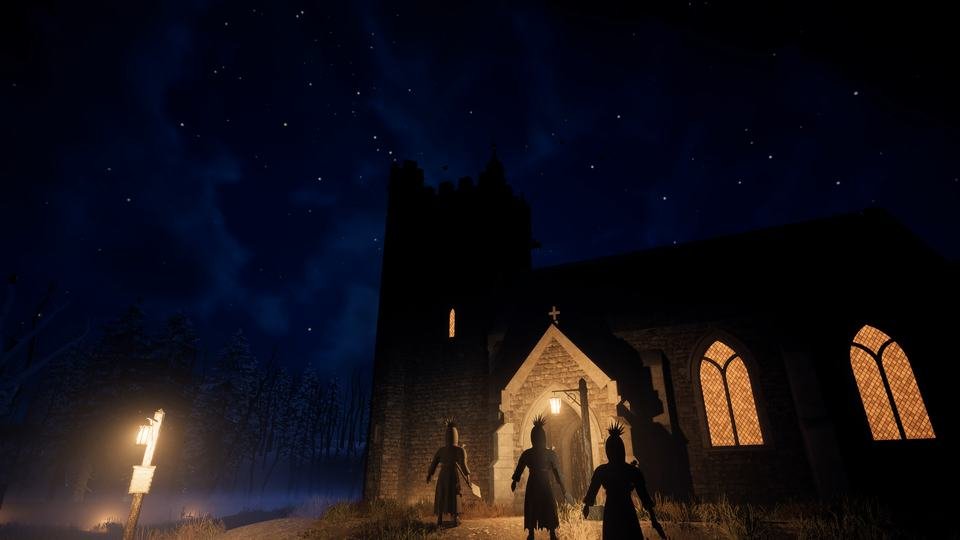 In-game: three crewmates stand in silhouette at the lit porch of St. Brannoc's flint church, its tower dark against the stars.